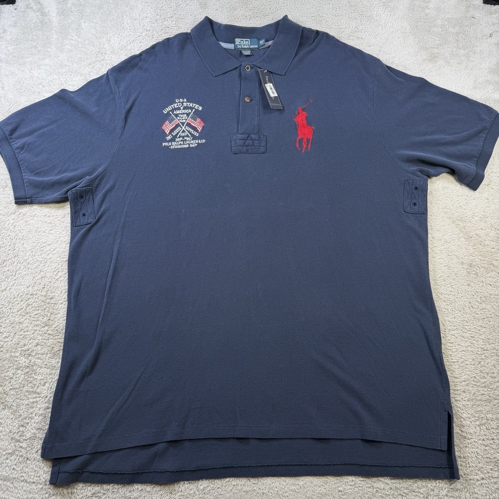 Polo Ralph Lauren Polo Shirt Mens 3XLT Navy USA Flag Crest Short Sleeve Pony NWT